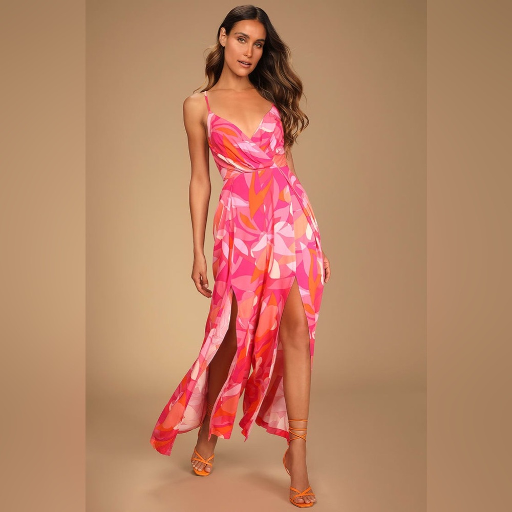 Lulus Tropical Temperament Pink Print Sleeveless Flyaway Jumpsuit Small